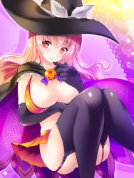 Rule 34 | 1girl, bikini, bikini skirt, black gloves, black thighhighs, blush, breasts, cleavage, closed mouth, elbow gloves, garter straps, gloves, halloween, hat, large breasts, long hair, looking at viewer, maki (seventh heaven maxion), orange bikini, orange skirt, original, pink hair, pleated skirt, red eyes, skirt, smile, solo, swimsuit, thighhighs, witch, witch hat