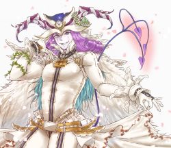 Rule 34 | 1boy, belt, blue eyes, blue lips, bodysuit, bridal veil, cape, chain, chain necklace, colored skin, commentary request, cosplay, crossdressing, curly hair, curtsey, demon boy, dress, fate/grand order, fate (series), full-length zipper, fur-trimmed cape, fur collar, fur trim, grin, hat, head wreath, headpiece, horns, jewelry, leaf, leotard, lock, makeup, medium hair, mephistopheles (fate), multicolored eyes, multiple tails, necklace, nero claudius (bride) (fate), nero claudius (bride) (fate) (cosplay), nero claudius (fate), nero claudius (fate) (all), ok sign, padlock, padlocked collar, petals, purple eyes, purple hair, scissors, shiohara shinogi, smile, solo, tail, tareme, teardrop, thick eyebrows, thick thighs, thighs, tight clothes, tight dress, toned, toned male, tri tails, veil, white bodysuit, white leotard, white skin, white sleeves, wreath, yellow belt, zipper, zipper pull tab
