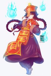 Rule 34 | 1girl, blush, braid, braided ponytail, brown dress, brown hair, brown pants, chinese clothes, closed mouth, commentary, dress, english commentary, full body, hat, highres, hitodama, horong (ragnarok online), itsmandymo, jacket, jiangshi, layered sleeves, long hair, long sleeves, looking at viewer, munak, ofuda, pants, qingdai guanmao, ragnarok online, red eyes, red headwear, red jacket, short over long sleeves, short sleeves, signature, simple background, single braid, tabi, tangzhuang, white background, white legwear, wide sleeves
