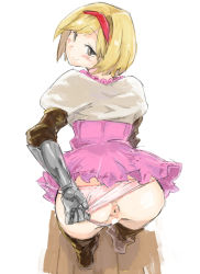 Rule 34 | 10s, 1girl, anus, ass, bent over, blush, boots, brown eyes, brown footwear, brown gloves, censored, clothing aside, djeeta (granblue fantasy), dress, elbow gloves, fighter (granblue fantasy), from above, from behind, full body, gauntlets, gloves, granblue fantasy, hairband, looking at viewer, looking back, panties, panties aside, panty pull, pink dress, pink panties, presenting, puffy short sleeves, puffy sleeves, pussy, sape (saperon black), short dress, short hair, short sleeves, simple background, smile, solo, standing, underwear, white background, wooden floor
