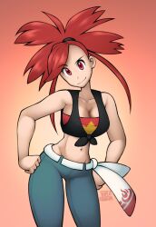 Rule 34 | 1girl, absurdres, bare arms, breasts, cleavage, collarbone, cowboy shot, creatures (company), flannery (pokemon), game freak, hands on own hips, highres, large breasts, looking at viewer, midriff, navel, nintendo, pink background, pokemon, pokemon oras, red eyes, red hair, shirt, signature, solo, tied shirt, triple stabber