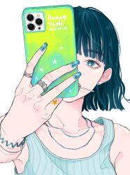 Rule 34 | 1girl, artist name, blue eyes, blue hair, blue nails, blue shirt, bracelet, collarbone, commentary, dated, earrings, fingernails, highres, holding, holding phone, jewelry, looking at viewer, nail polish, necklace, open mouth, original, phone, ring, shirt, signature, simple background, sleeveless, sleeveless shirt, solo, striped clothes, striped shirt, symbol-only commentary, teeth, white background, yoshino ganko