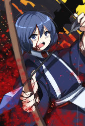 Rule 34 | 1other, androgynous, blood, blood on face, blue eyes, blue hair, bow (weapon), commentary request, highres, holding, holding bow (weapon), holding weapon, japanese clothes, kashiwagi kaoru, len&#039;en, long sleeves, no headwear, open mouth, ougi hina, short hair, shouting, solo, v-shaped eyebrows, weapon