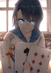 Rule 34 | 1girl, backlighting, black hair, blue eyes, blue sailor collar, bright pupils, card, chair, collarbone, commentary request, day, desk, diamond (shape), evil grin, evil smile, fingernails, glowing, glowing eyes, grin, hair between eyes, highres, holding, holding card, indoors, joker (playing card), long hair, looking at viewer, old maid, original, playing card, pov, sailor collar, school chair, school desk, school uniform, serafuku, shirt, sidelocks, smile, solo focus, spade (shape), sweat, upper body, white shirt, window, yuki arare