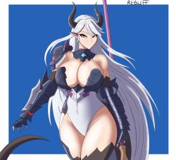 Rule 34 | 1girl, armored gloves, breasts, dragon girl, dragon horns, dragon tail, epic seven, holding, holding weapon, horns, large breasts, looking at viewer, luna (epic seven), pointy ears, solo, tail, weapon