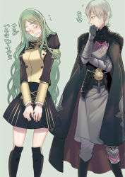 Rule 34 | 1boy, 1girl, alternate costume, armor, black armor, black cape, blush, byleth (fire emblem), byleth (male) (fire emblem), cape, closed eyes, embarrassed, epaulettes, fire emblem, fire emblem: three houses, garreg mach monastery uniform, green eyes, green hair, long hair, long sleeves, looking to the side, masakikazuyoshi, nintendo, open mouth, rhea (fire emblem), short hair, simple background, translation request, uniform