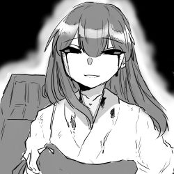 Rule 34 | 1girl, akagi (kancolle), blood, blood on clothes, blood on face, bloody tears, commentary, crying, crying with eyes open, dirty, dirty clothes, flight deck, greyscale, hair between eyes, hair over shoulder, half-closed eyes, highres, japanese clothes, kantai collection, kimono, long hair, monochrome, muneate, parted lips, poyo (hellmayuge), simple background, smile, solo, tears, upper body