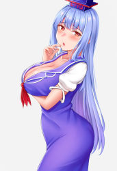 Rule 34 | 1girl, arched back, ass, blue dress, blue hair, blush, breast hold, breasts, cleavage, collarbone, commentary request, cowboy shot, dress, finger to mouth, fingernails, grey background, hair between eyes, hat, kamishirasawa keine, large breasts, long hair, looking at viewer, mimasi osuwari, open mouth, puffy short sleeves, puffy sleeves, red eyes, ribbon, short sleeves, simple background, solo, touhou, very long hair