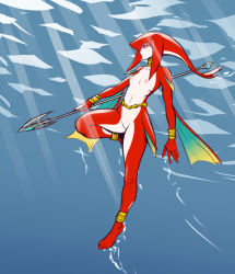 Rule 34 | 1girl, anklet, belly chain, bracelet, breasts, colored skin, fins, fish girl, gorget, head fins, holding, holding weapon, izra, jewelry, mipha, monster girl, multicolored skin, nintendo, nipples, nude, polearm, red skin, small breasts, solo, spear, the legend of zelda, the legend of zelda: breath of the wild, underwater, weapon, yellow eyes, zora