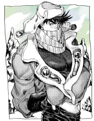 Rule 34 | 1boy, battle tendency, coat, cold, covered mouth, gloves, hands in pockets, hat, highres, jojo no kimyou na bouken, joseph joestar, joseph joestar (young), long sleeves, male focus, monochrome, nitako, pine tree, scarf, snow, solo, spot color, striped clothes, striped scarf, tree