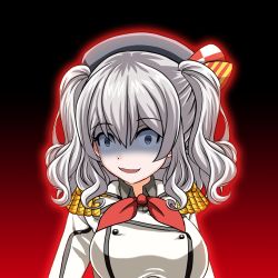 Rule 34 | 10s, 1girl, :d, aura, beret, commentary request, dark aura, epaulettes, hat, kantai collection, kashima (kancolle), long hair, looking at viewer, open mouth, grey eyes, silver hair, smile, smirk, solo, tk8d32, twintails