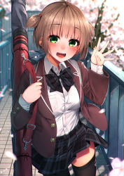 Rule 34 | 1girl, :d, absurdres, bad id, bad pixiv id, bag, black bow, black bowtie, black skirt, black thighhighs, blurry, blush, bow, bowtie, breasts, brown hair, brown jacket, buttons, cherry blossoms, collared shirt, cowboy shot, day, depth of field, dress shirt, green eyes, hair bobbles, hair ornament, hand up, highres, holding, jacket, long sleeves, looking at viewer, medium breasts, miniskirt, moe2019, open clothes, open jacket, open mouth, original, outdoors, petals, plaid, plaid skirt, pleated skirt, railing, rerrere, school bag, school uniform, shirt, shirt tucked in, short hair, sidelocks, skirt, smile, solo, standing, sunlight, thighhighs, tree, two side up, white shirt, wing collar, zettai ryouiki