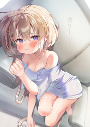 Rule 34 | 1girl, :t, barefoot, blouse, blush, breasts, brown hair, cleavage, closed mouth, collarbone, commentary request, couch, dutch angle, ebihara beniko, hair between eyes, hand up, highres, indoors, long hair, looking at viewer, lying, medium breasts, naked shirt, off-shoulder shirt, off shoulder, on couch, on side, original, pout, purple eyes, shirt, short sleeves, solo, translation request, very long hair, white shirt