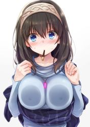 Rule 34 | 10s, 1girl, against glass, azuki yui, black hair, blue eyes, blush, breast press, breasts, breasts on glass, food, food in mouth, hairband, idolmaster, idolmaster cinderella girls, jewelry, long hair, looking at viewer, mouth hold, necklace, off-shoulder, off-shoulder sweater, off shoulder, pendant, pocky, pocky day, ribbed sweater, sagisawa fumika, shawl, solo, sweater
