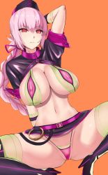 Rule 34 | 1girl, akatsuki ikki, arm at side, arms behind head, belt, bikini, braid, breasts, closed mouth, commentary request, covered erect nipples, fate/grand order, fate (series), florence nightingale (fate), florence nightingale (trick or treatment) (fate), gloves, green bikini, green gloves, green thighhighs, groin, hat, head tilt, high heels, highleg, highleg bikini, highleg bikini bottom, highres, large breasts, layered bikini, lips, microskirt, nurse cap, official alternate costume, partially visible vulva, pink hair, purple bikini, red eyes, revealing clothes, serious, shrug (clothing), sideboob, single braid, skindentation, skirt, squatting, swimsuit, thighhighs, thighs