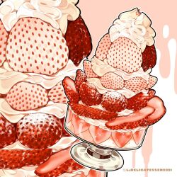 Rule 34 | commentary, cup, food, food focus, fruit, highres, le delicatessen, original, parfait, pink background, powdered sugar, sparkle, still life, strawberry, strawberry parfait, whipped cream, white strawberry, zoom layer