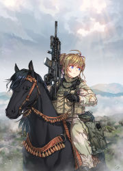 Rule 34 | 1girl, ammunition, assault rifle, bandana, black gloves, blue eyes, camouflage, commentary request, day, fatigues, field, gloves, grass, gun, highres, holding, holding gun, holding weapon, horse, kws, m4 carbine, military, mountain, multicolored hair, original, outdoors, rifle, rock, saddlebags, sky, solo, weapon