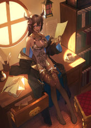 Rule 34 | 1girl, arm support, backless dress, backless outfit, bare shoulders, black coat, black hair, boots, breasts, chair, chest tattoo, cleavage, coat, coffee cup, cup, dark-skinned female, dark skin, demon horns, desk, disposable cup, dress, fantasy, glasses, gold trim, hair between eyes, holding, holding paper, horns, indoors, key, large breasts, light rays, long hair, on desk, open clothes, open mouth, original, panties, paper, pointy ears, purple eyes, relayrl, shirt, sitting, on desk, sleeveless, sleeveless dress, smile, solo, string panties, tattoo, thigh boots, thighs, tongue, tongue out, underwear, white dress, white shirt, wide sleeves, window