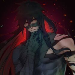 Rule 34 | 1boy, abs, alternate form, bandaged hand, bandages, black hair, bleach, colored inner hair, hair between eyes, highres, kurosaki ichigo, light particles, long hair, looking to the side, male focus, mugetsu form (bleach), multicolored hair, nanoli21, official alternate eye color, official alternate hair color, official alternate hair length, official alternate hairstyle, parted lips, red eyes, red hair, simple background, solo, toned, toned male, two-tone hair, upper body