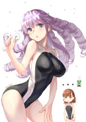 Rule 34 | ..., 2girls, bare arms, bare shoulders, black one-piece swimsuit, blush, breasts, brown eyes, brown hair, collarbone, commentary request, covered navel, drill hair, gekota, hair between eyes, hand up, hokaze junko, holding, large breasts, matching hair/eyes, misaka mikoto, multiple girls, one-piece swimsuit, parted lips, purple eyes, purple hair, raika9, school swimsuit, simple background, small breasts, standing, swimsuit, toaru kagaku no railgun, toaru kagaku no railgun gaiden: astral buddy, toaru majutsu no index, tokiwadai school swimsuit, twitter username, water drop, white background