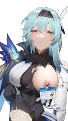 Rule 34 | 1girl, ahegao, alios arvin, blue hair, blush, breasts, character name, closed mouth, collar, commentary request, container, copyright name, cum, cum in container, cum pool, english text, eula (genshin impact), genshin impact, gloves, highres, id card, lactation, large breasts, looking at viewer, milk, nipple clamps, nipple tag, nipples, one breast out, open clothes, open shirt, simple background, skirt, solo, tearing up, torn clothes, torn skirt, vision (genshin impact), white background