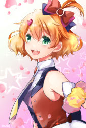 Rule 34 | 10s, 1girl, :d, blonde hair, bow, detached sleeves, freyja wion, from side, green eyes, hair between eyes, hair bow, hair ornament, heart, heart hair ornament, macross, macross delta, necktie, one side up, open mouth, red bow, short hair, smile, solo, tinkle2013, upper body