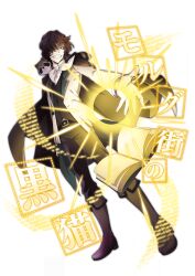 1boy animal animal_on_shoulder belt black_vest book boots brown_hair bungou_stray_dogs cape edgar_allan_poe_(bungou_stray_dogs) full_body glowing grin hair_over_one_eye jacket long_sleeves magic male_focus neckerchief official_art open_book pants raccoon shirt short_hair smile solo standing third-party_source transparent_background vest white_neckerchief white_shirt