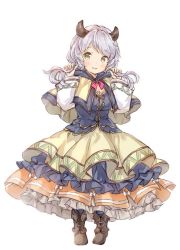 Rule 34 | 1girl, camieux, capelet, draph, dress, frilled dress, frills, granblue fantasy, green eyes, horns, long hair, low twintails, silver hair, twintails, wataame27