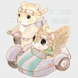 Rule 34 | absurdres, ahoge, animal, animal focus, english text, ferret, fluefluekoubo26, goggles, highres, looking afar, motor vehicle, no humans, original, painting (medium), scooter, simple background, squirrel, tail, traditional media, watercolor (medium), whiskers, white background