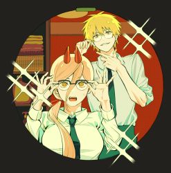 Rule 34 | + +, 1boy, 1girl, black necktie, black pants, blonde hair, blouse, border, breasts, cabinet, chainsaw man, cross-shaped pupils, denji (chainsaw man), detergent, glasses, highres, holding, holding removed eyewear, horns, long hair, long sleeves, looking at viewer, medium breasts, necktie, open mouth, pants, pink hair, ponytail, power (chainsaw man), red horns, round border, sharp teeth, shirt, short hair, smile, sparkle, standing, surprised, sweatdrop, symbol-shaped pupils, teeth, towel, tuzaixia, unworn eyewear, white shirt