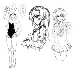 Rule 34 | 1girl, animal ears, breasts, closed mouth, commentary, fake animal ears, girls und panzer, greyscale, hairband, high heels, highres, kotoyama, leotard, long hair, looking at viewer, monochrome, no bra, ooarai school uniform, open mouth, playboy bunny, pleated skirt, rabbit ears, reizei mako, school uniform, simple background, sketch, skirt, small breasts, smile, solo, standing, sweatdrop, white background