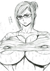 Rule 34 | 10s, 1girl, absurdres, artist request, breasts, cleavage, glasses, highres, huge breasts, looking at viewer, monochrome, prison school, shiraki meiko, simple background, solo, sweat, translation request, white background
