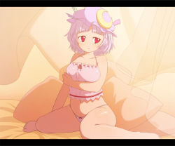 Rule 34 | 1girl, alternate hair length, alternate hairstyle, anime coloring, bad id, bad nicoseiga id, bare legs, barefoot, breasts, crescent, crescent hair ornament, hair ornament, hat, mimiru (mimill), mob cap, open mouth, panties, patchouli knowledge, pillow, purple hair, red eyes, short hair, sitting, sleepwear, slit pupils, solo, touhou, underwear