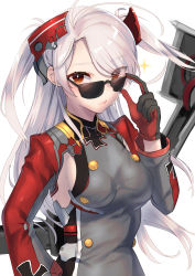 Rule 34 | 1girl, adjusting eyewear, akagi kurage, antenna hair, armpit cutout, azur lane, black-framed eyewear, breasts, closed mouth, clothing cutout, commentary request, cross, eyes visible through hair, gloves, hair over one eye, hand on own hip, headgear, highres, iron cross, lips, long hair, long sleeves, medium breasts, prinz eugen (azur lane), red eyes, red gloves, sideboob, silver hair, simple background, smile, solo, sparkle, straight hair, sunglasses, swept bangs, two side up, underbust, upper body, white background