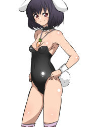 Rule 34 | 1girl, animal ears, bare shoulders, black hair, breasts, carrot necklace, choker, cleavage, hands on own hips, highres, inaba tewi, kagemusha, looking at viewer, necklace, rabbit ears, rabbit girl, red eyes, short hair, simple background, small breasts, solo, touhou, white background