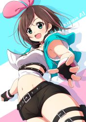 Rule 34 | 1girl, :d, armpit peek, belt, belt buckle, black belt, black gloves, black shorts, blue jacket, blush, breasts, brown hair, buckle, character name, commentary request, cropped jacket, fingerless gloves, gloves, green eyes, hair between eyes, hair ribbon, jacket, kizuna ai, kizuna ai (a.i. games), kizuna ai inc., looking at viewer, matokechi, multicolored hair, navel, official alternate costume, open clothes, open jacket, open mouth, pink hair, pink ribbon, ribbon, round teeth, shirt, short shorts, short sleeves, shorts, small breasts, smile, solo, streaked hair, teeth, upper teeth only, virtual youtuber, white shirt