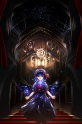 Rule 34 | 1girl, ascot, bat wings, blue hair, brooch, darkness, dress, gears, glowing, hat, hat ribbon, jewelry, mob cap, night, open mouth, pengin (takeoff425), puffy short sleeves, puffy sleeves, red eyes, remilia scarlet, ribbon, short sleeves, sky, solo, stairs, star (sky), starry sky, touhou, white dress, wings
