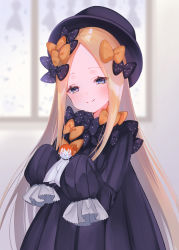 Rule 34 | 1girl, abigail williams (fate), black bow, black dress, black hat, blonde hair, blue eyes, blush, bow, breasts, closed mouth, commentary request, dress, fate/grand order, fate (series), forehead, hair bow, hat, highres, long hair, looking at viewer, multiple hair bows, orange bow, parted bangs, polka dot, polka dot bow, ribbed dress, sleeves past fingers, sleeves past wrists, small breasts, smile, solo, suzuho hotaru, teruterubouzu