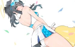Rule 34 | 1girl, animal ears, ass, black hair, blue archive, blush, confetti, dog ears, dog tail, goggles, goggles on head, goshiki suzu, halo, hibiki (blue archive), hibiki (cheer squad) (blue archive), holding, holding pom poms, looking at viewer, looking back, median furrow, miniskirt, official alternate costume, panties, pleated skirt, pom pom (cheerleading), pom poms, ponytail, sidelocks, skirt, solo, sports bra, tail, tail under clothes, two-tone sports bra, underwear, white panties