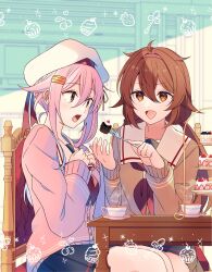 Rule 34 | 2girls, black skirt, blush, brown cardigan, brown eyes, brown hair, buttons, cardigan, chair, food, fork, hair between eyes, hair flaps, hair ornament, hairband, hairclip, harusame (kancolle), hat, highres, holding, holding fork, kantai collection, long hair, long sleeves, multiple girls, neckerchief, open mouth, pink cardigan, pink hair, pleated skirt, red eyes, red hairband, red neckerchief, shiratsuyu (kancolle), shiratsuyu kai ni (kancolle), side ponytail, sitting, skirt, smile, white headwear, yukichi (eikichi)
