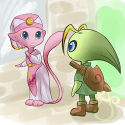 Rule 34 | blue eyes, boots, celebi, cheeziespaz, cosplay, creatures (company), crossover, deku shield, dress, game freak, gen 1 pokemon, gen 2 pokemon, hat, legendary pokemon, link, link (cosplay), looking at another, mew (pokemon), mythical pokemon, nintendo, no humans, pokemon, pokemon (creature), princess zelda, princess zelda (cosplay), shield, shield on back, standing, sword, tail, the legend of zelda, the legend of zelda: ocarina of time, tunic, weapon, wooden shield, young link, young zelda