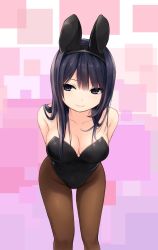 Rule 34 | 1girl, animal ears, arms behind back, bare shoulders, black hair, blue eyes, breasts, cleavage, coffee-kizoku, collarbone, commentary request, elbow gloves, fake animal ears, fishnet pantyhose, fishnets, gloves, highres, leotard, long hair, looking to the side, medium breasts, original, pantyhose, playboy bunny, rabbit ears, smile, solo, strapless, strapless leotard