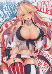 Rule 34 | 10s, 1girl, :p, absurdres, american flag, american flag legwear, american flag panties, black gloves, blonde hair, blue eyes, blush, breasts, cleavage, clothes writing, detached sleeves, garter straps, gloves, highres, iowa (kancolle), kantai collection, large breasts, long hair, looking at viewer, miniskirt, navel, obiwan, panties, scan, skirt, smile, solo, star-shaped pupils, star (symbol), striped clothes, striped thighhighs, symbol-shaped pupils, thighhighs, tongue, tongue out, underwear, vertical stripes, wrist cuffs