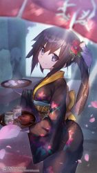 Rule 34 | 1girl, black hair, black kimono, bow, breasts, closed mouth, cup, floral print, flower, hagane orchestra, hair between eyes, hair flower, hair ornament, hair ribbon, holding, holding tray, indoors, japanese clothes, kimono, long hair, long sleeves, looking at viewer, looking to the side, nogi lief, obi, official art, petals, print kimono, purple eyes, red flower, ribbon, sash, side ponytail, small breasts, smile, solo focus, tray, white ribbon, wide sleeves, yellow bow, yunomi
