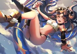 Rule 34 | 1girl, :d, anklet, armlet, ass, asymmetrical legwear, asymmetrical sleeves, bare shoulders, black hair, black ribbon, blush, breasts, bridal gauntlets, cloud, crown, detached collar, earrings, elbow gloves, falling, fate/grand order, fate (series), gloves, gold trim, hair ribbon, highres, hoop earrings, huge ass, ishtar (fate), jewelry, long hair, medium breasts, navel, neck ring, neko-san (dim.dream), open mouth, parted bangs, red eyes, ribbon, single elbow glove, single thighhigh, sky, smile, solo, stomach, thighhighs, thong, tiara, tohsaka rin, twintails, two side up, uneven legwear, uneven sleeves, very long hair, wide hips