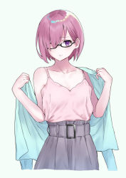 Rule 34 | 1girl, absurdres, alternate costume, breasts, collarbone, commentary request, cowboy shot, fate/grand order, fate (series), frown, glasses, hair over one eye, hands up, highres, holding, holding clothes, light purple hair, looking at viewer, m.tokotsu, mash kyrielight, pale skin, purple eyes, purple skirt, shirt, short hair, simple background, single bare shoulder, skirt, small breasts, solo, tank top, white background, white shirt