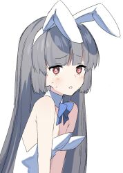 Rule 34 | 1girl, alternate costume, animal ears, blue archive, blue bow, blue bowtie, blunt bangs, blunt tresses, bow, bowtie, commentary request, detached collar, eka eri, fake animal ears, flat chest, grey hair, leotard, light blush, long hair, looking at viewer, miyu (blue archive), parted lips, playboy bunny, rabbit ears, red eyes, simple background, solo, strapless, strapless leotard, sweat, upper body, white background, white leotard