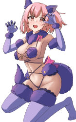 1girl :d absurdres animal_ear_fluff animal_ears assault_lily bare_shoulders bikini bow breasts claw_pose claws collar commentary_request cosplay elbow_gloves fake_animal_ears fake_tail fang fate/grand_order fate_(series) fur-trimmed_gloves fur-trimmed_thighhighs fur_bikini fur_collar fur_trim gloves halloween_costume hands_up highres hitotsuyanagi_riri knees_out_of_frame large_breasts looking_at_viewer mash_kyrielight mash_kyrielight_(dangerous_beast) mash_kyrielight_(dangerous_beast)_(cosplay) navel no_shoes o-ring o-ring_bikini o-ring_top one_side_up open_mouth pink_bow pink_eyes pink_hair purple_bikini purple_collar purple_gloves purple_thighhighs revealing_clothes short_hair simple_background smile solo stomach swimsuit tail thighhighs v-shaped_eyebrows white_background yuhana_(lily_yuhana)