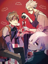 Rule 34 | 3boys, alcohol, bat (animal), black shirt, bow, bowtie, brown hair, brown skirt, brown vest, checkered pants, dress shirt, eyepatch, formal, g65795852, green bow, green bowtie, hair over one eye, kurusu shutaro, looking at viewer, male focus, mars red, multiple boys, pink hair, pouring, red background, red eyes, shirt, skirt, suwa (mars red), takeuchi (mars red), vest, white hair, white shirt, wine