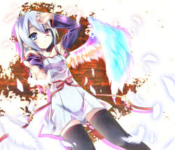 Rule 34 | 1girl, black thighhighs, blue eyes, blue hair, dress, feathers, foreshortening, heterochromia, matching hair/eyes, multicolored wings, original, outstretched arm, outstretched hand, red eyes, sho (runatic moon), short hair, solo, tears, thighhighs, wings, zettai ryouiki